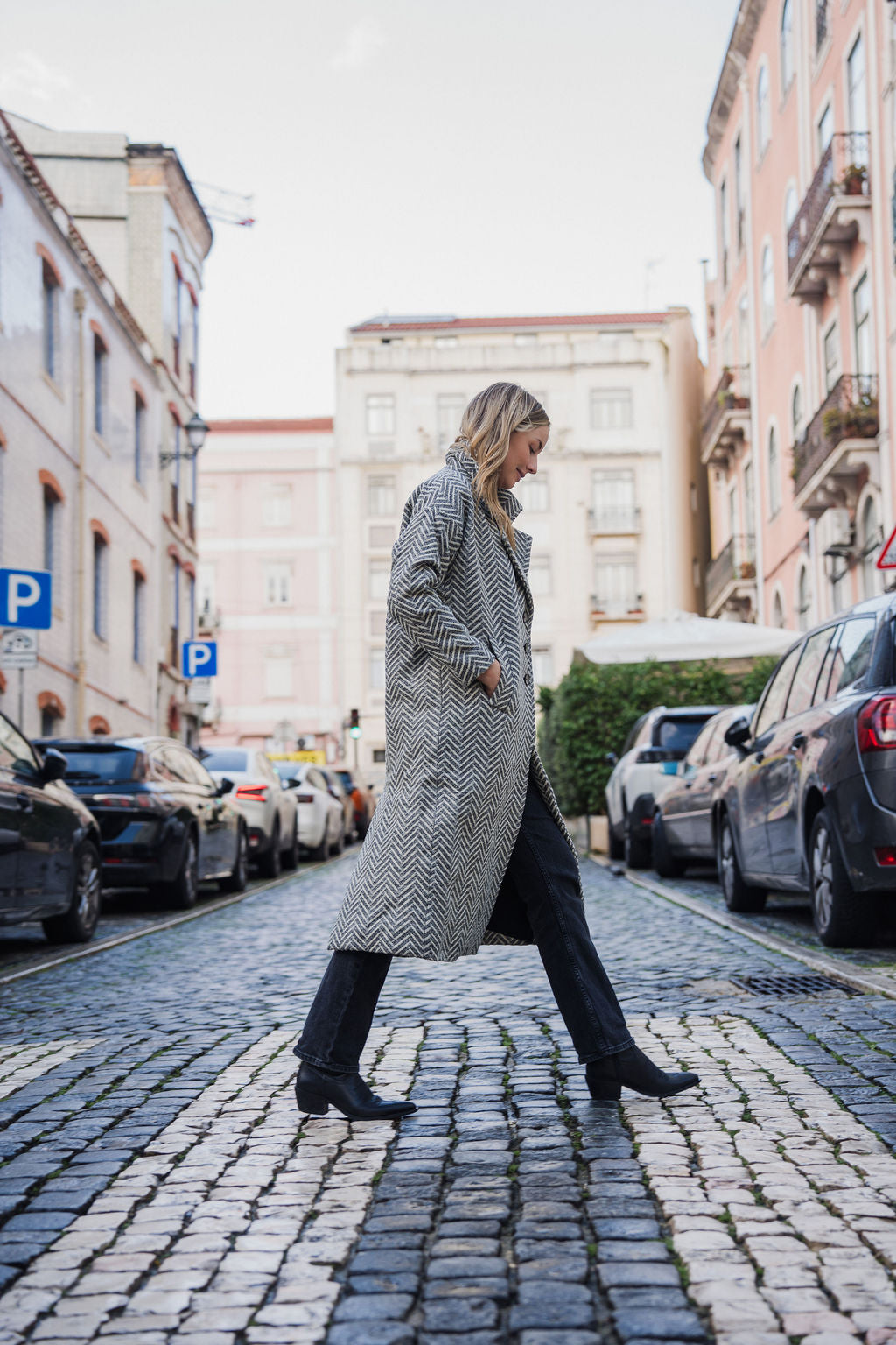 Portuguese Wool Polly Coat in Black and White Herringbone Made to Order