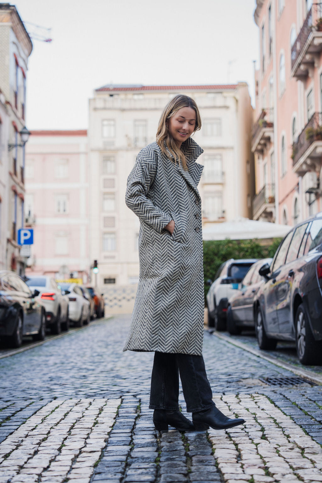 Portuguese Wool Polly Coat in Black and White Herringbone Made to Order