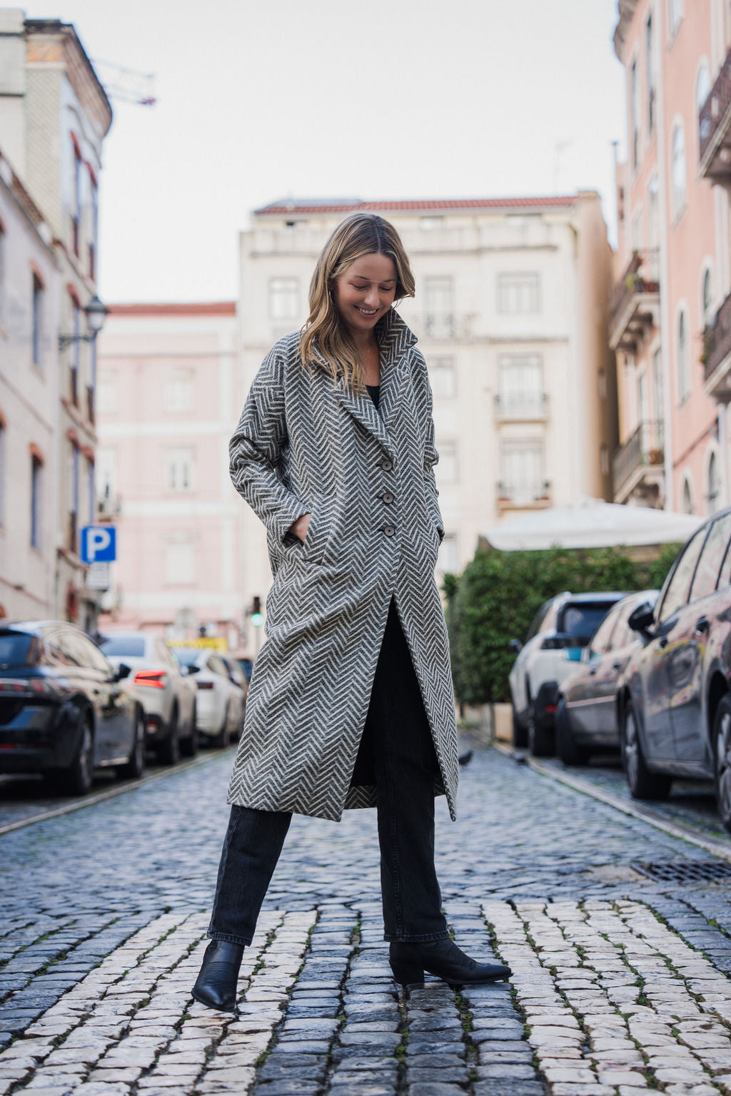 Portuguese Wool Polly Coat in Black and White Herringbone Made to Order