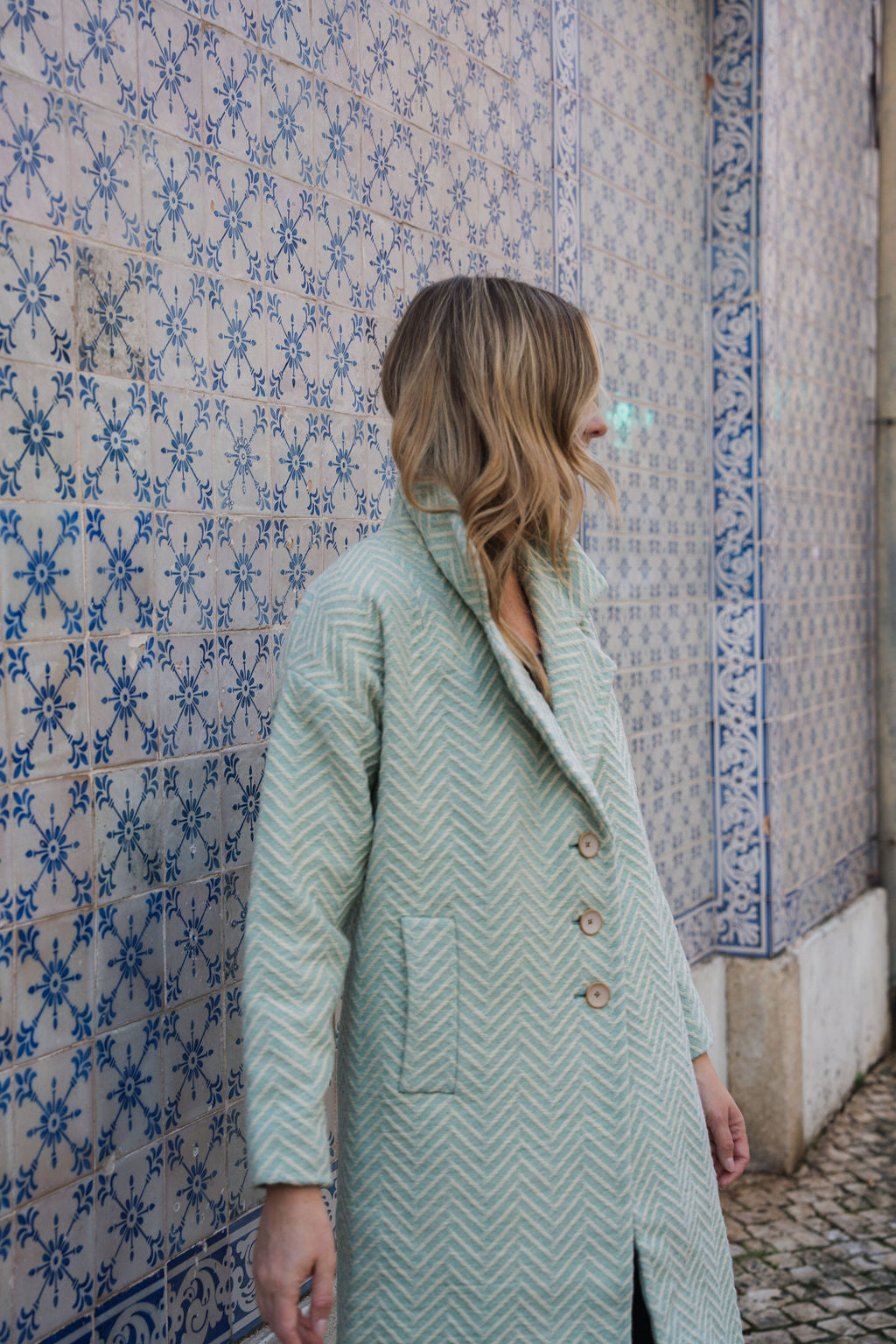 Portuguese Wool Polly Coat in Mint Herringbone Made to Order