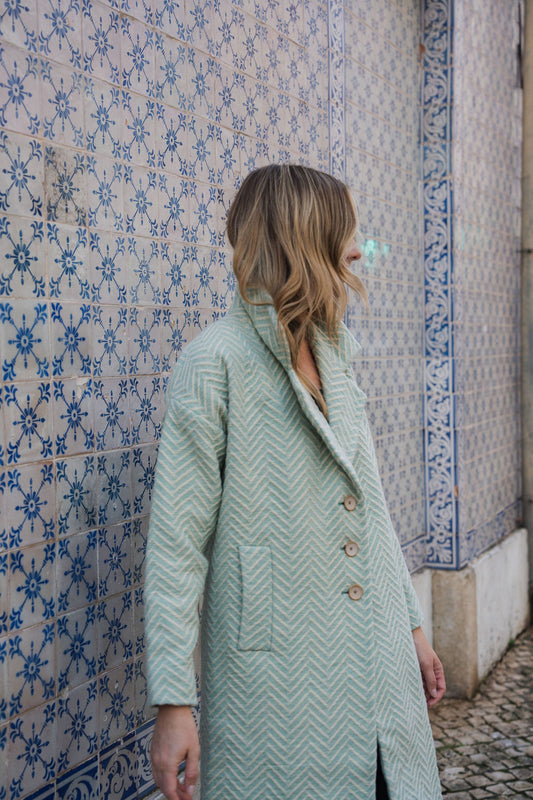 Portuguese Wool Polly Coat in Mint Herringbone Made to Order