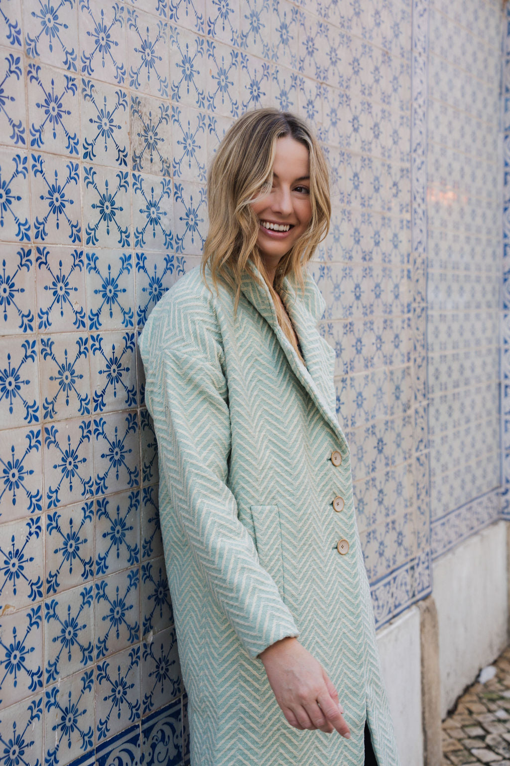 Portuguese Wool Polly Coat in Mint Herringbone Made to Order