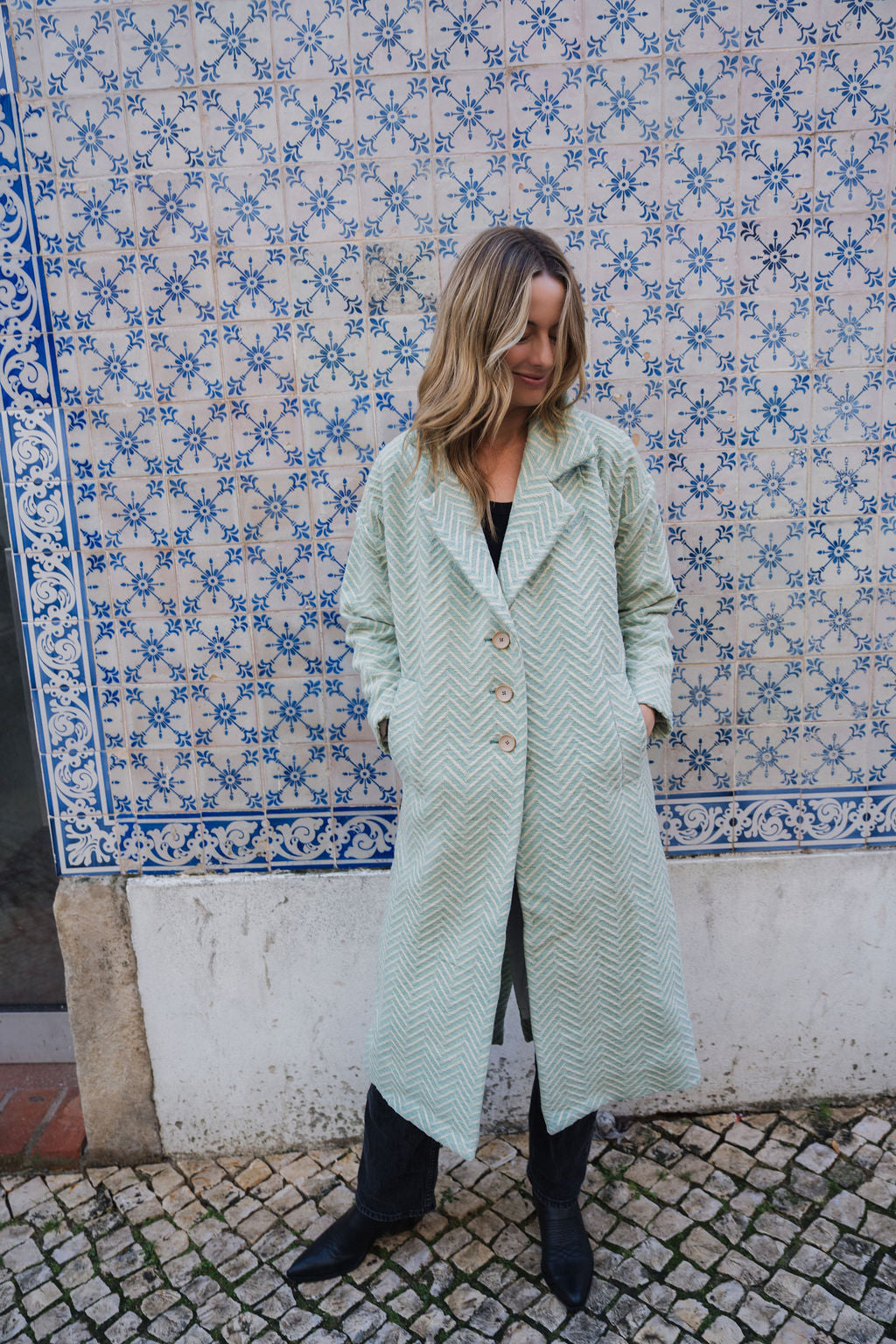 Portuguese Wool Polly Coat in Mint Herringbone Made to Order