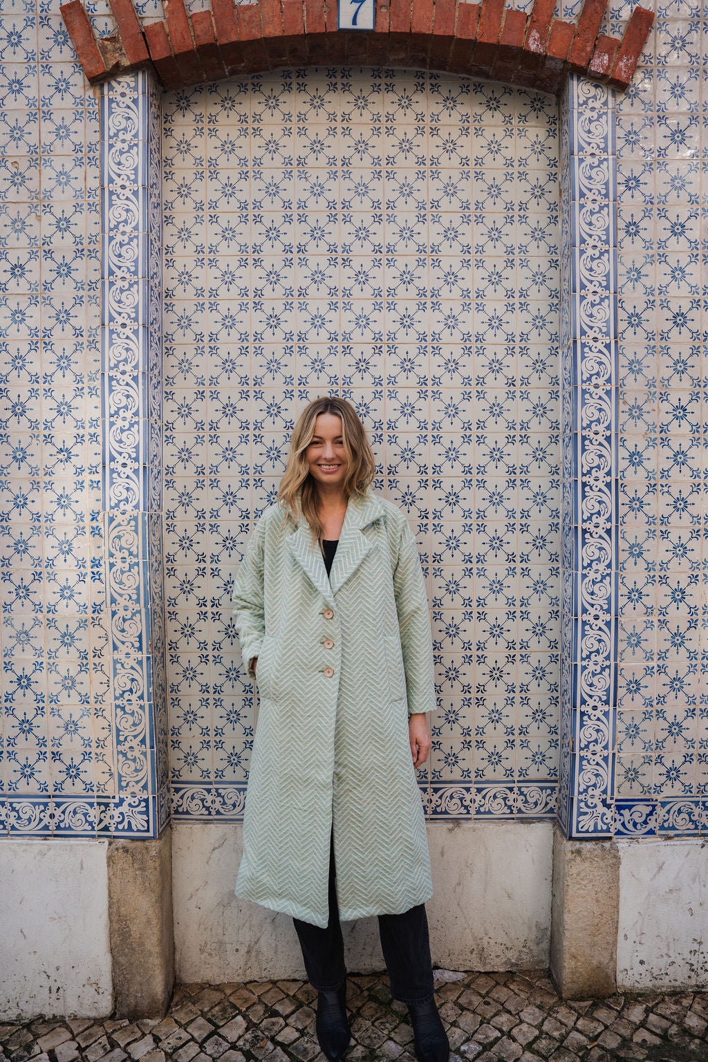 Portuguese Wool Polly Coat in Mint Herringbone Made to Order