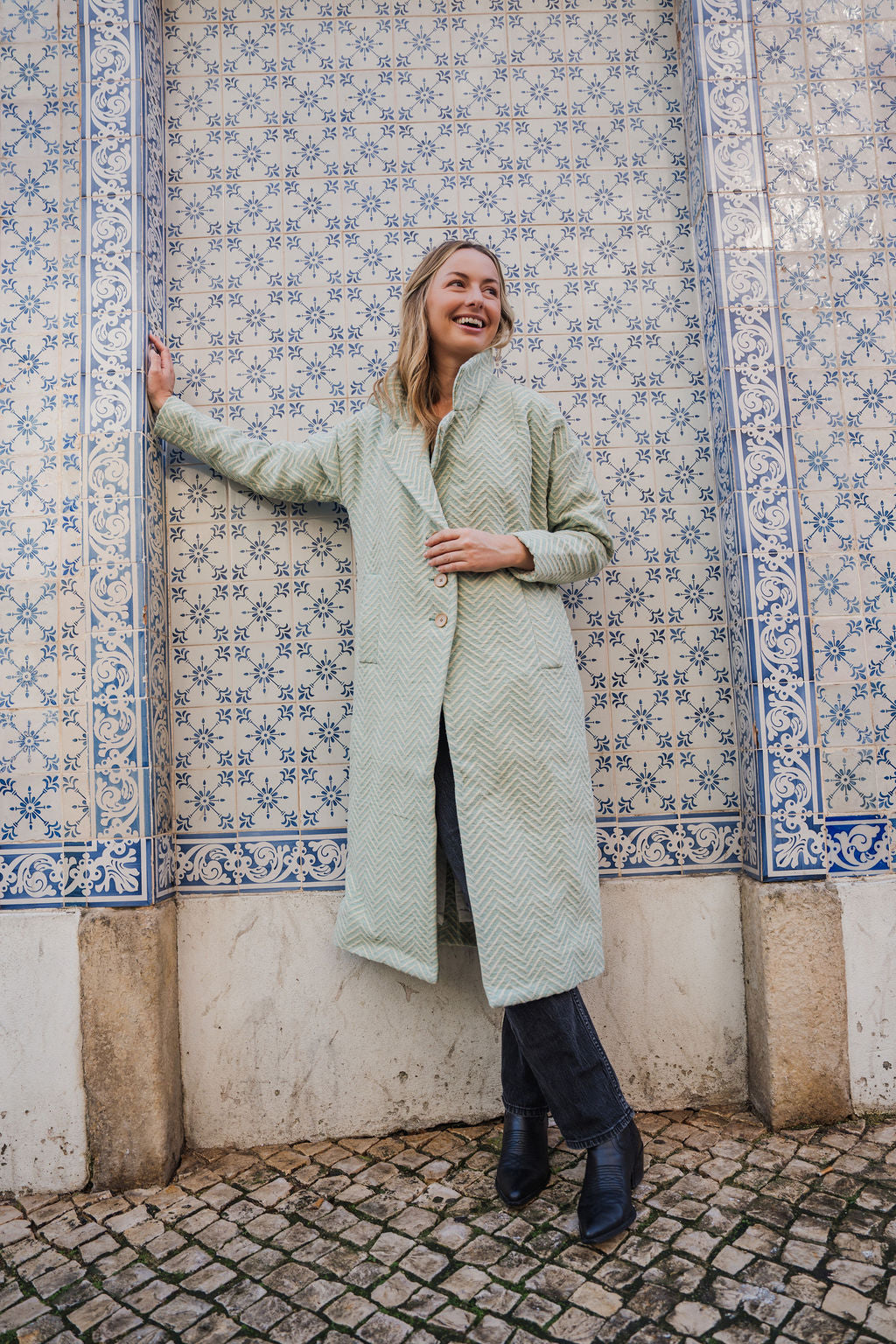 Portuguese Wool Polly Coat in Mint Herringbone Made to Order