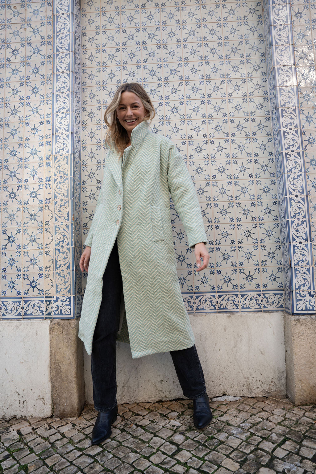 Portuguese Wool Polly Coat in Mint Herringbone Made to Order