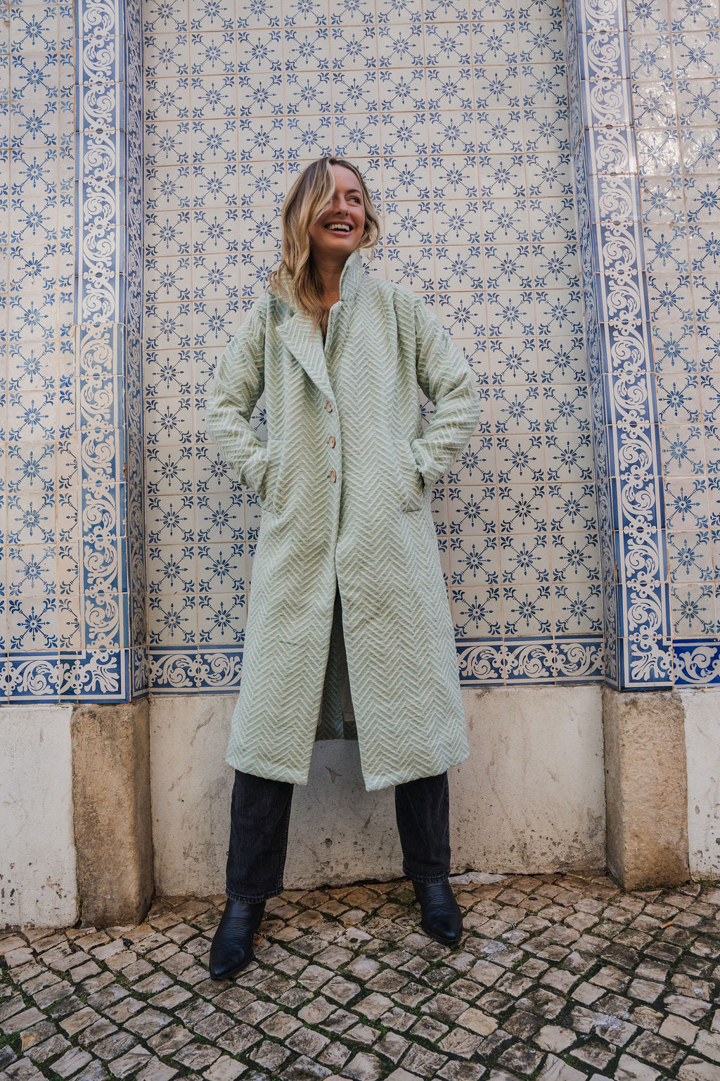 Portuguese Wool Polly Coat in Mint Herringbone Made to Order