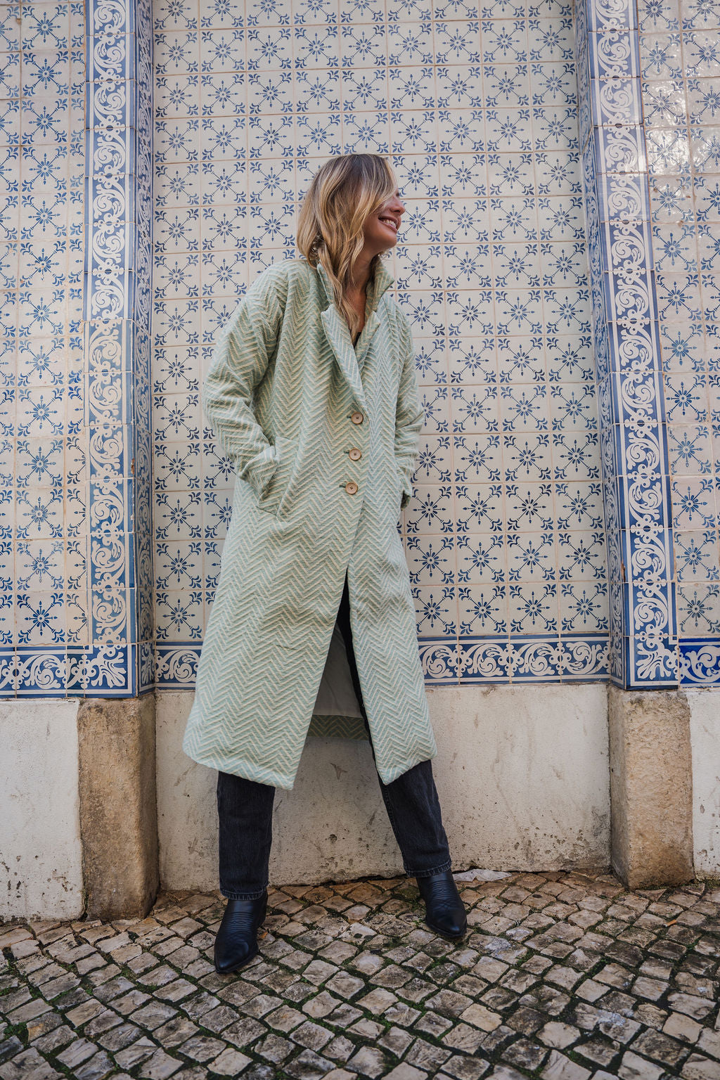 Portuguese Wool Polly Coat in Mint Herringbone Made to Order
