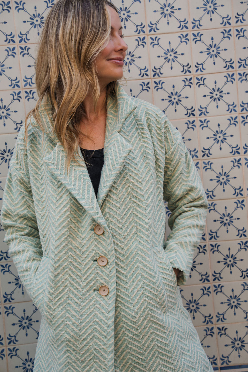 Portuguese Wool Polly Coat in Mint Herringbone Made to Order