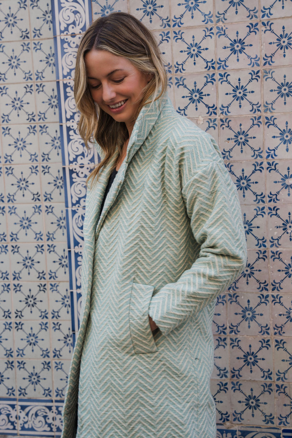 Portuguese Wool Polly Coat in Mint Herringbone Made to Order