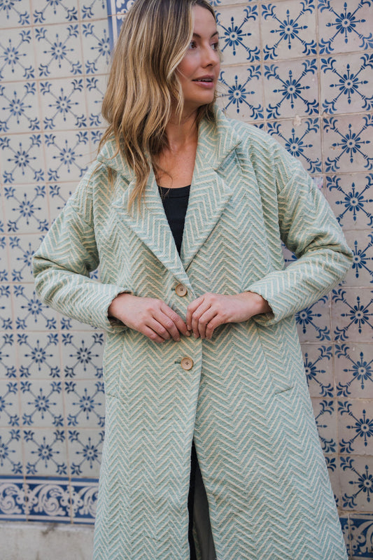 Portuguese Wool Polly Coat in Mint Herringbone Made to Order February