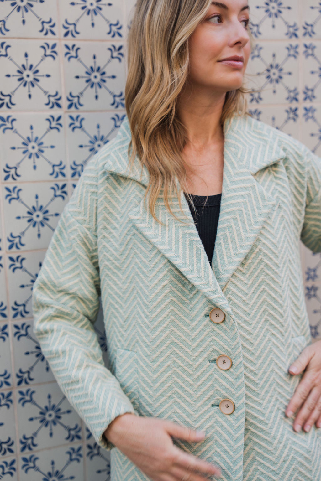 Portuguese Wool Polly Coat in Mint Herringbone Made to Order