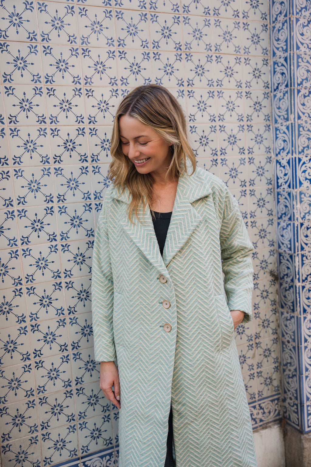 Portuguese Wool Polly Coat in Mint Herringbone Made to Order