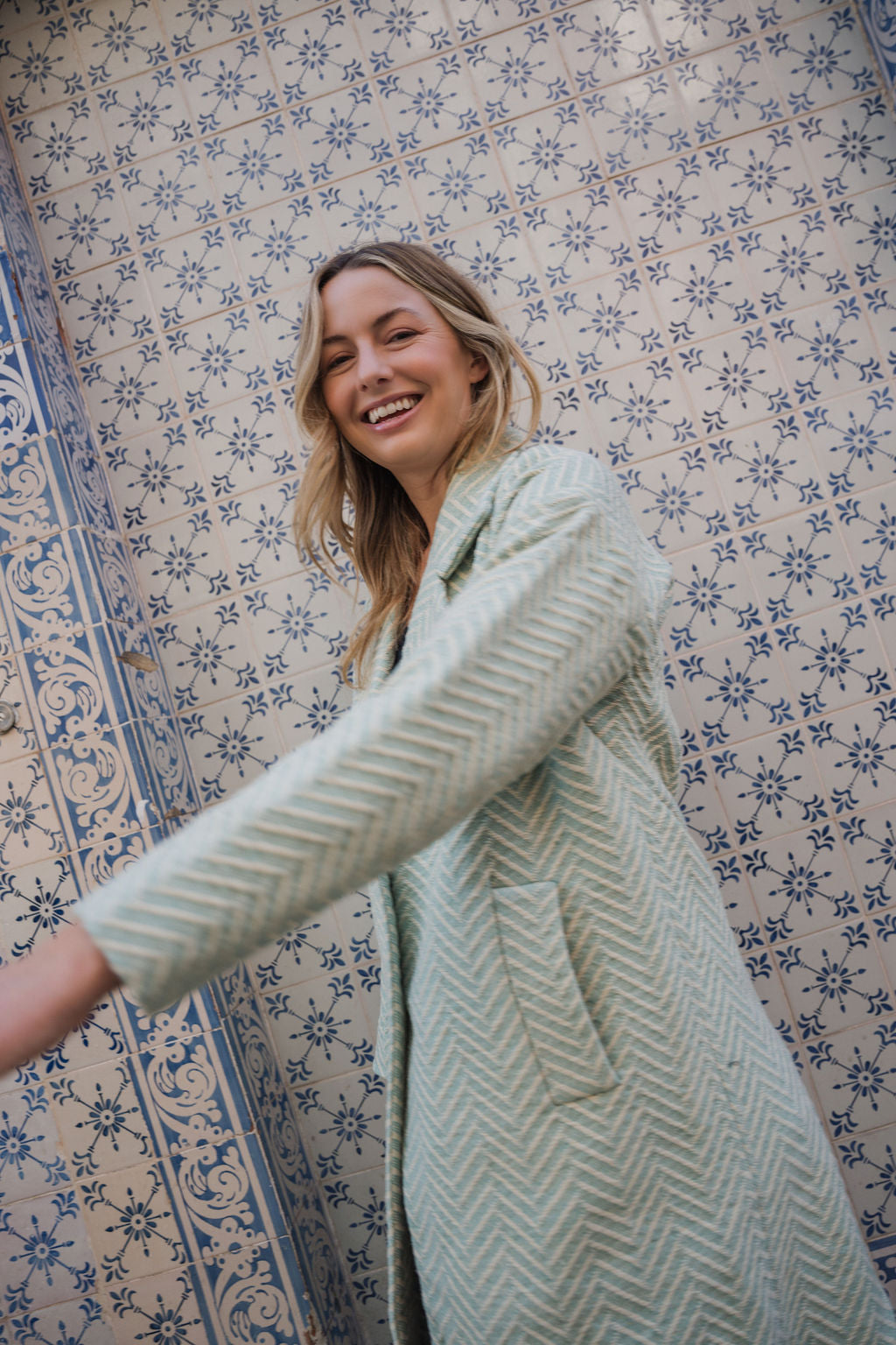 Portuguese Wool Polly Coat in Mint Herringbone Made to Order