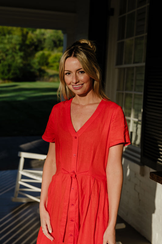 June Dress in Blood Orange Linen - S and M Left