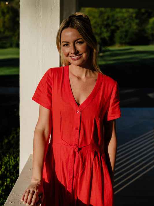 June Dress in Blood Orange Linen - S and M Left