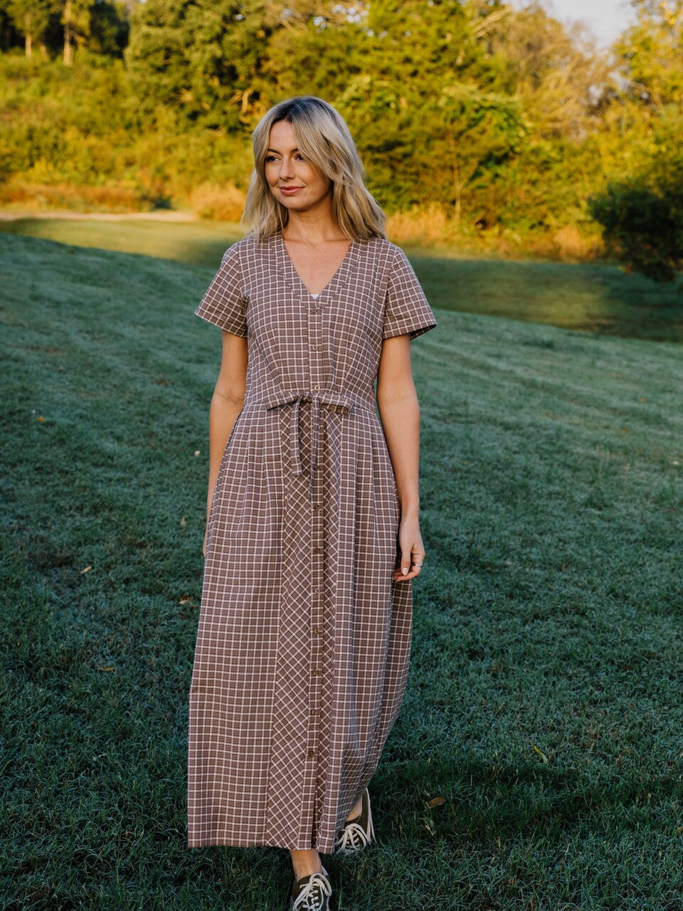 June Dress in Beige Plaid