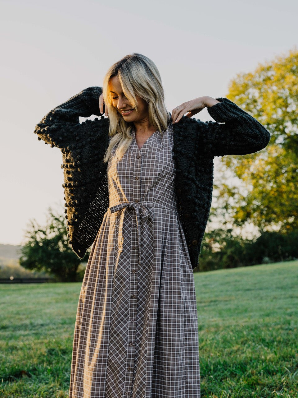 June Dress in Beige Plaid