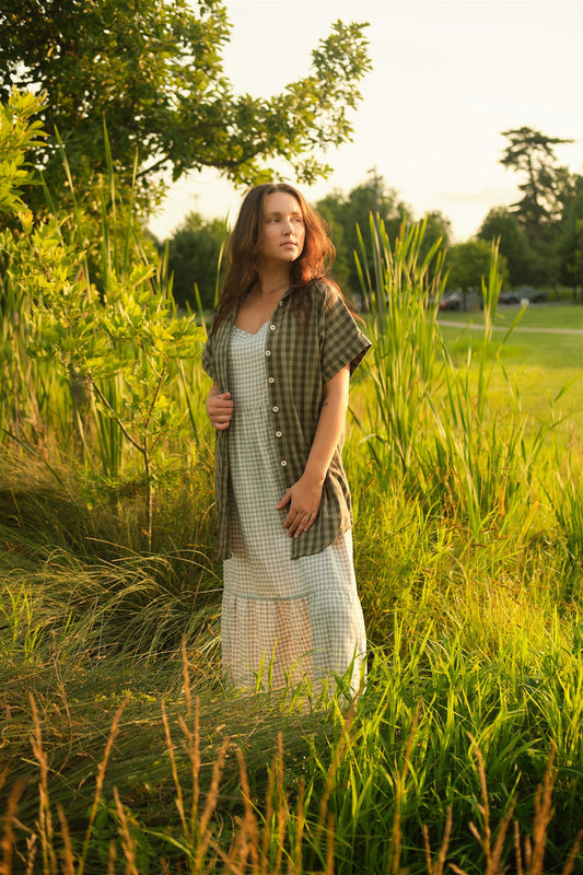 Paige Handwoven Cotton Relaxed Shirt Dress in Green Gingham Made to Order