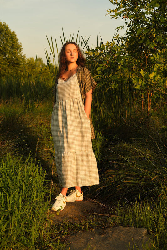 Paige Handwoven Cotton Relaxed Shirt Dress in Green Gingham Made to Order