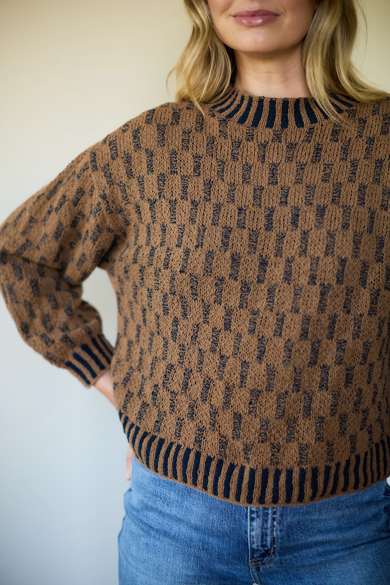 Faye Cotton Pullover in Chestnut and Navy Made to Order