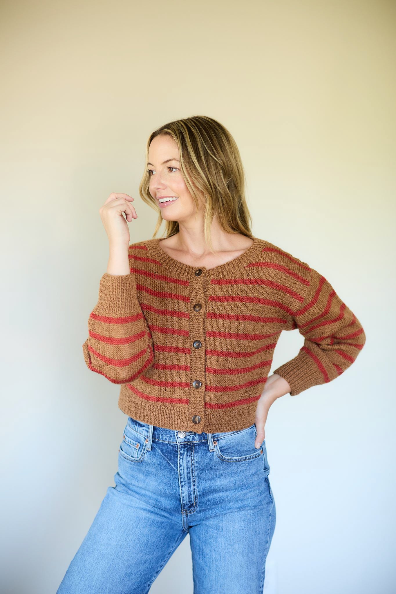 Leota Striped Wool Cardigan in Chestnut and Red Made to Order