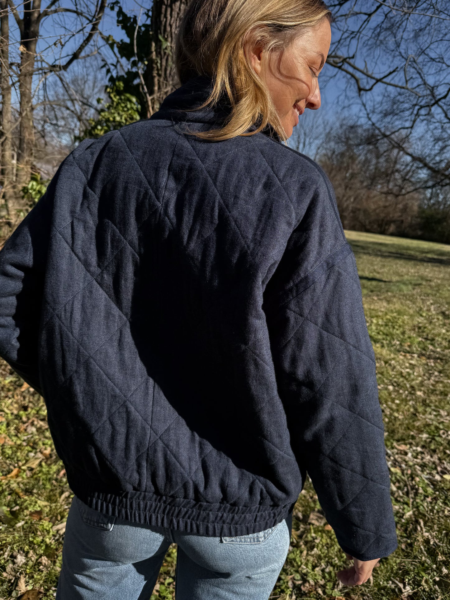 Jamie Linen Quilted Jacket in Navy Made to Order
