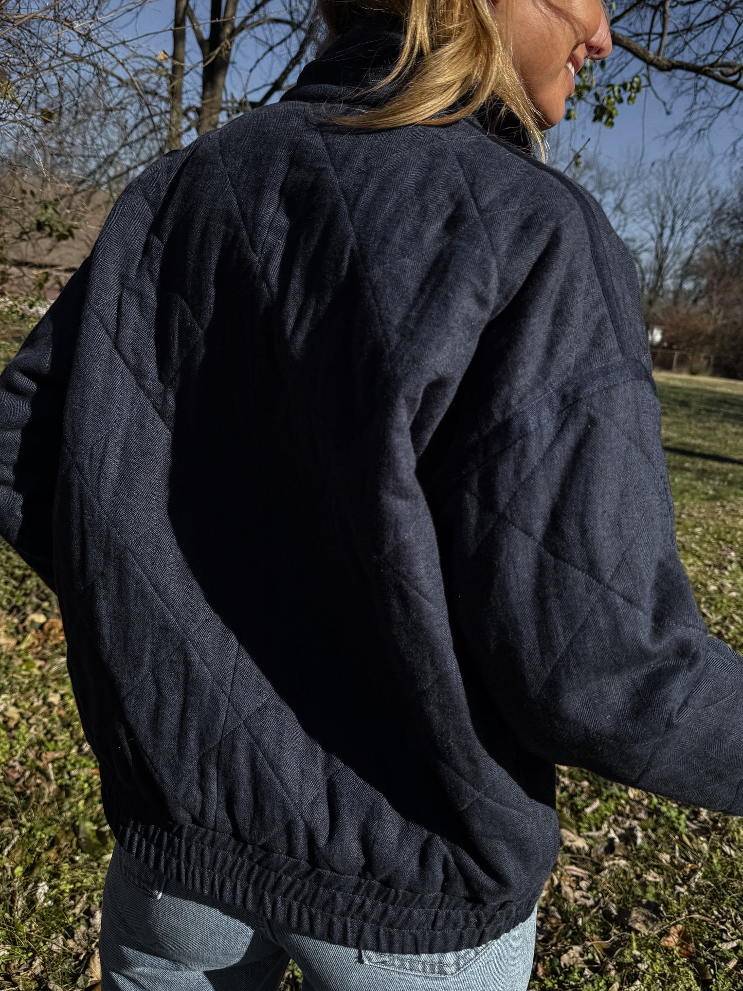 Jamie Linen Quilted Jacket in Navy Made to Order