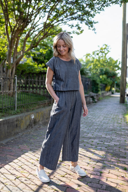 Handwoven Cotton Crop Pants in Midnight Chambray Made to Order