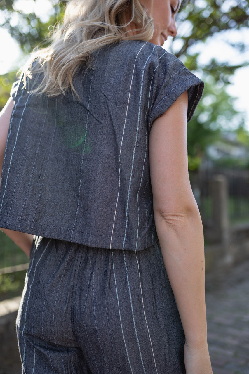 Handwoven Cotton Crop Pants in Midnight Chambray Made to Order