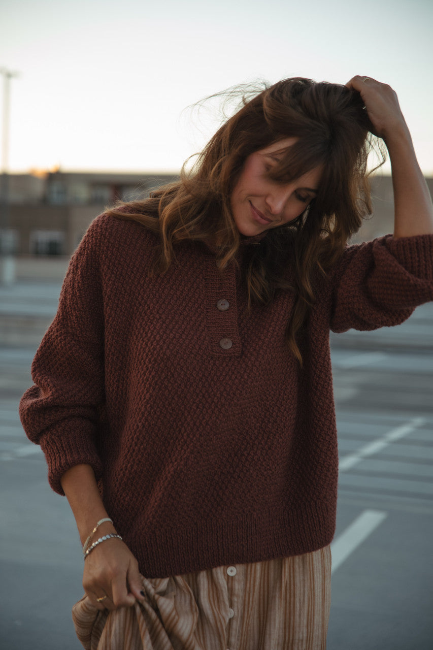 Imogene Oversized Wool Henley in Rust