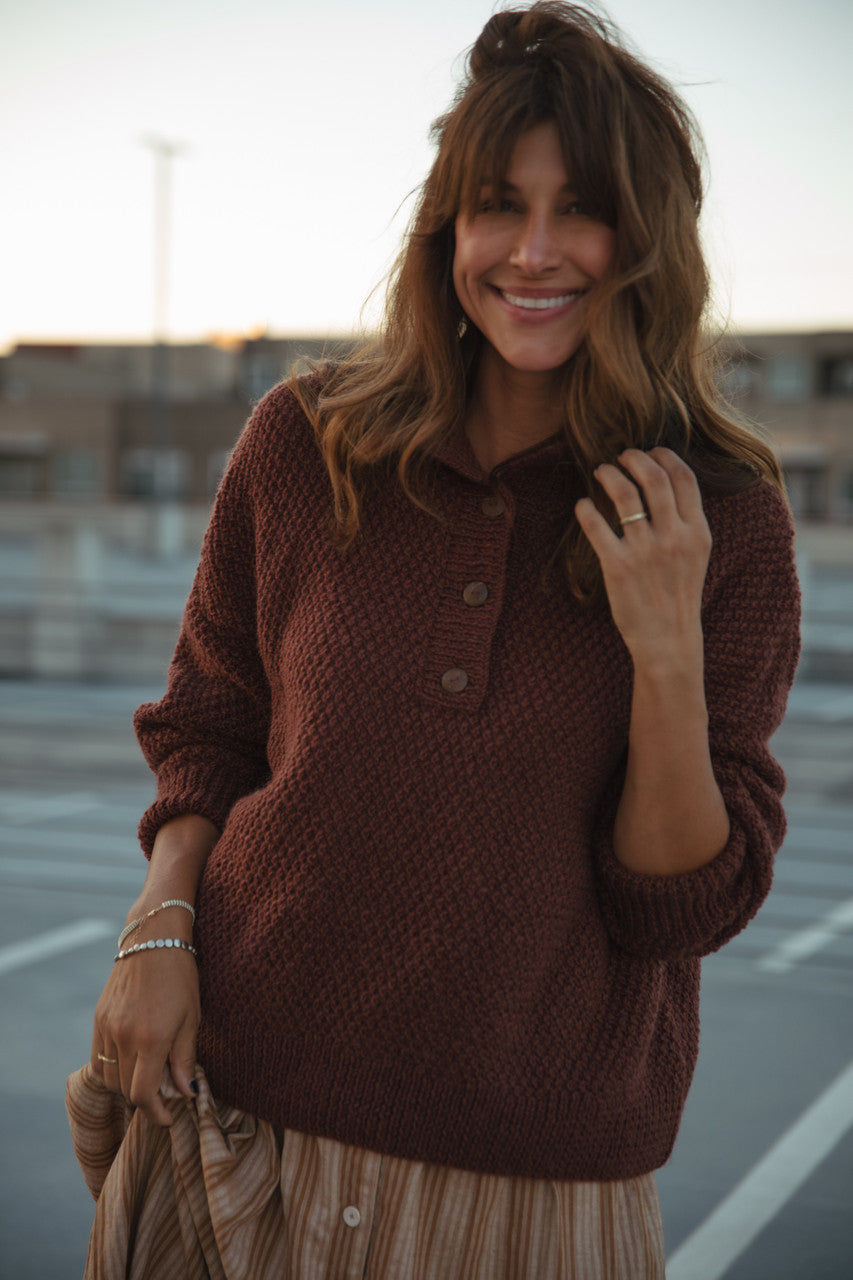 Imogene Oversized Wool Henley in Rust