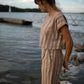 Katie Handwoven Cotton Set in Mustard and Cream Stripe - S and M Pants Left