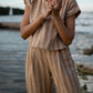 Katie Handwoven Cotton Set in Mustard and Cream Stripe - S and M Pants Left