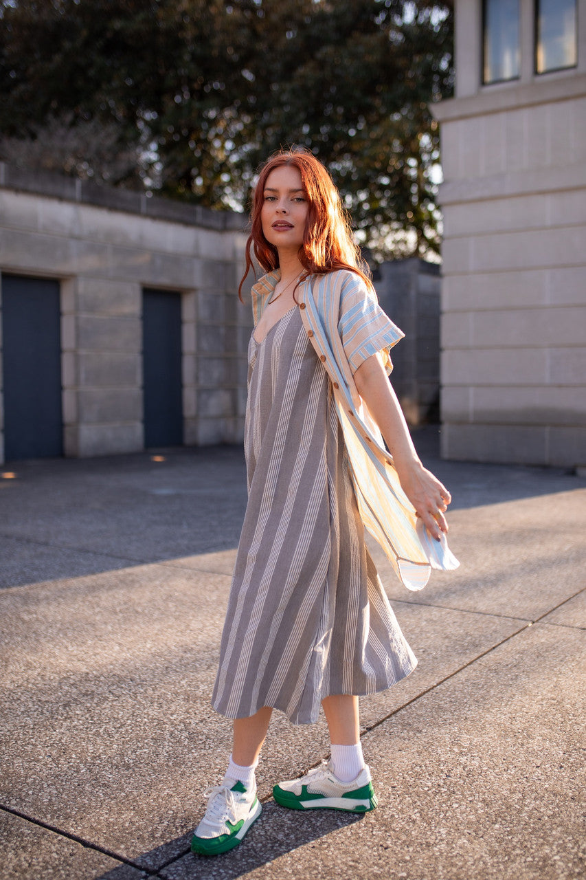 Paige Handwoven Cotton Relaxed Shirt Dress in Beige and Blue Stripe Made to Order