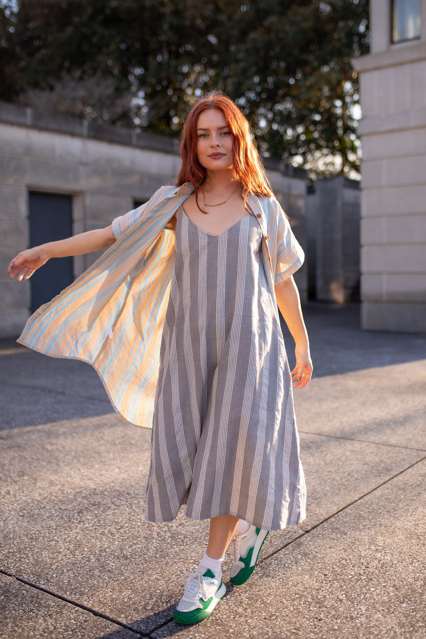 Paige Handwoven Cotton Relaxed Shirt Dress in Beige and Blue Stripe Made to Order