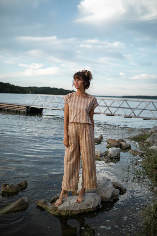 Katie Handwoven Cotton Crop Set in Mustard and Cream Stripe Made to Order