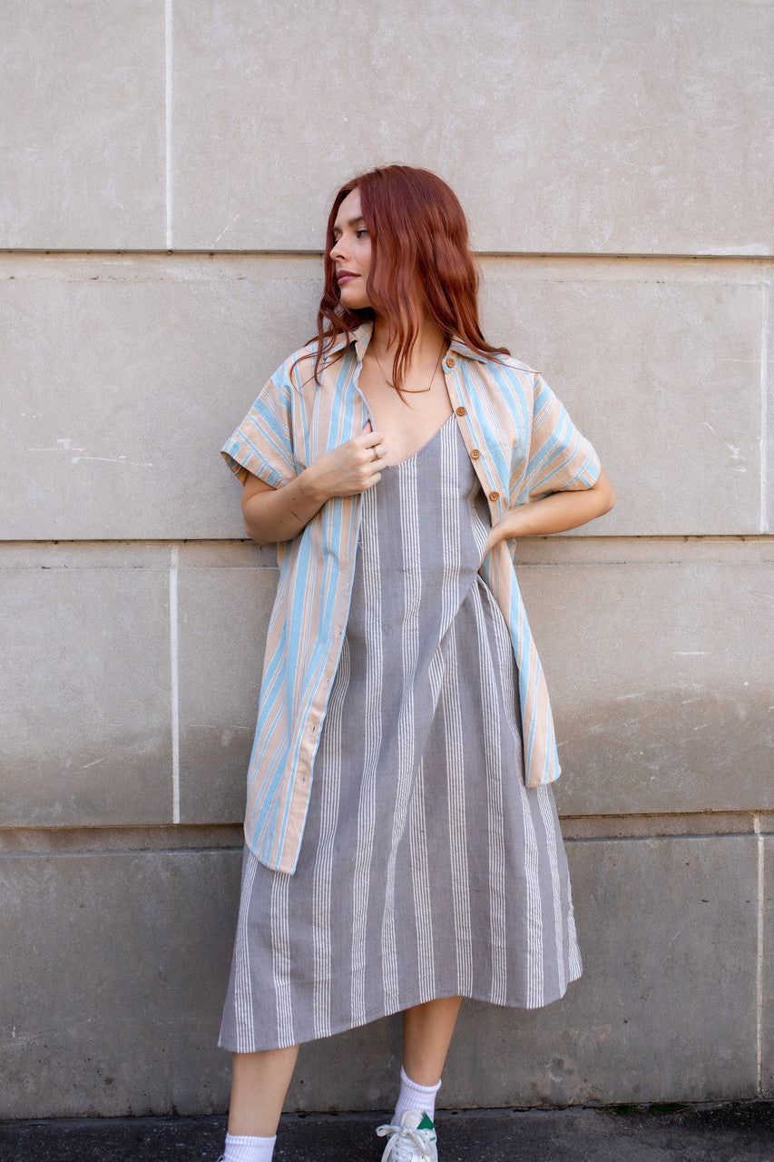 Paige Handwoven Cotton Relaxed Shirt Dress in Beige and Blue Stripe Made to Order