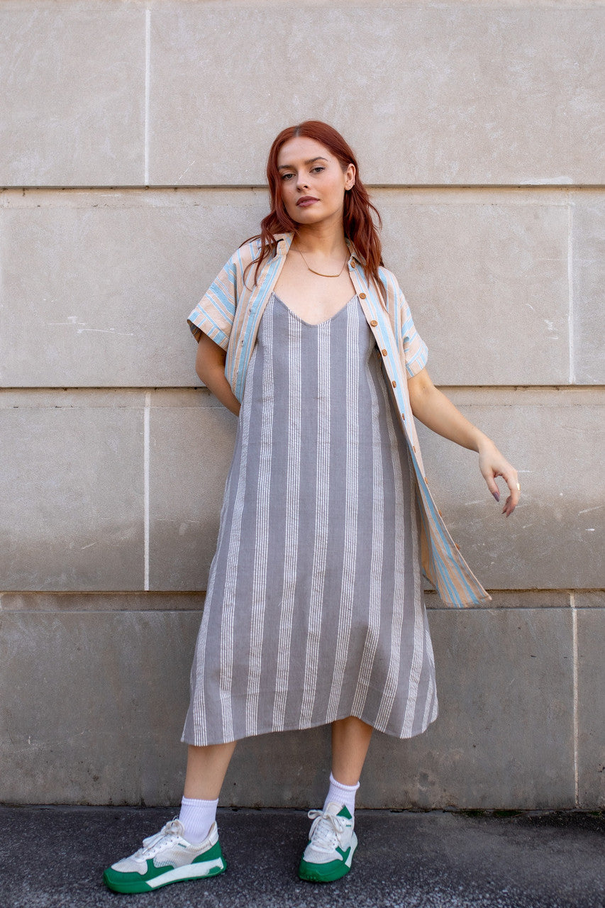 Paige Handwoven Cotton Relaxed Shirt Dress in Beige and Blue Stripe Made to Order