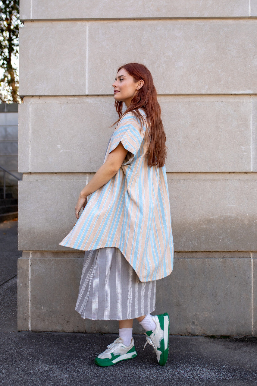 Paige Handwoven Cotton Relaxed Shirt Dress in Beige and Blue Stripe Made to Order