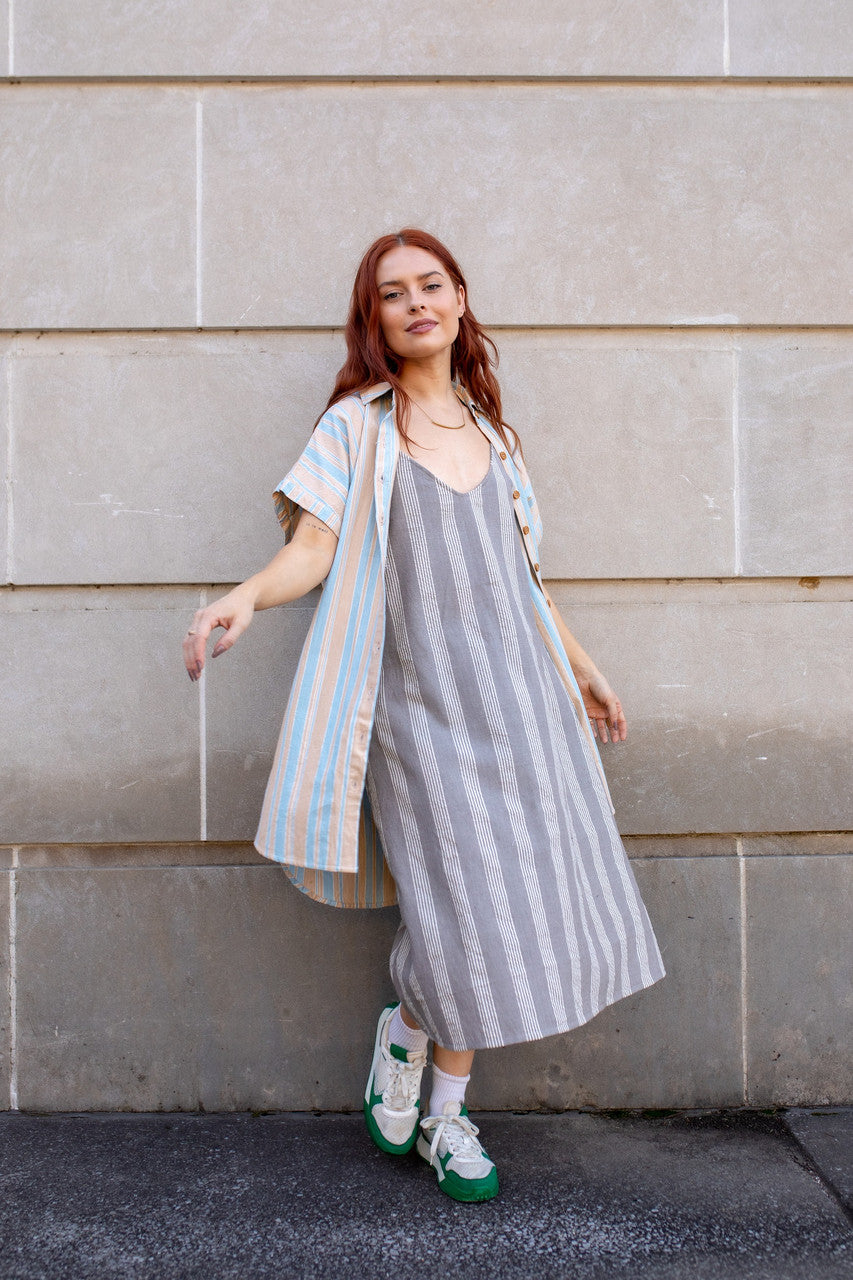 Paige Handwoven Cotton Relaxed Shirt Dress in Beige and Blue Stripe Made to Order