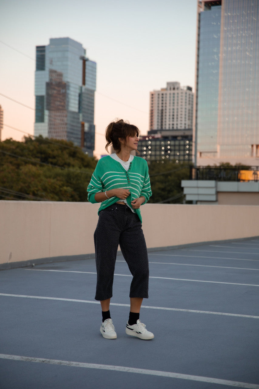 Aiden Classic Breton Style Henley in Green and White Stripe