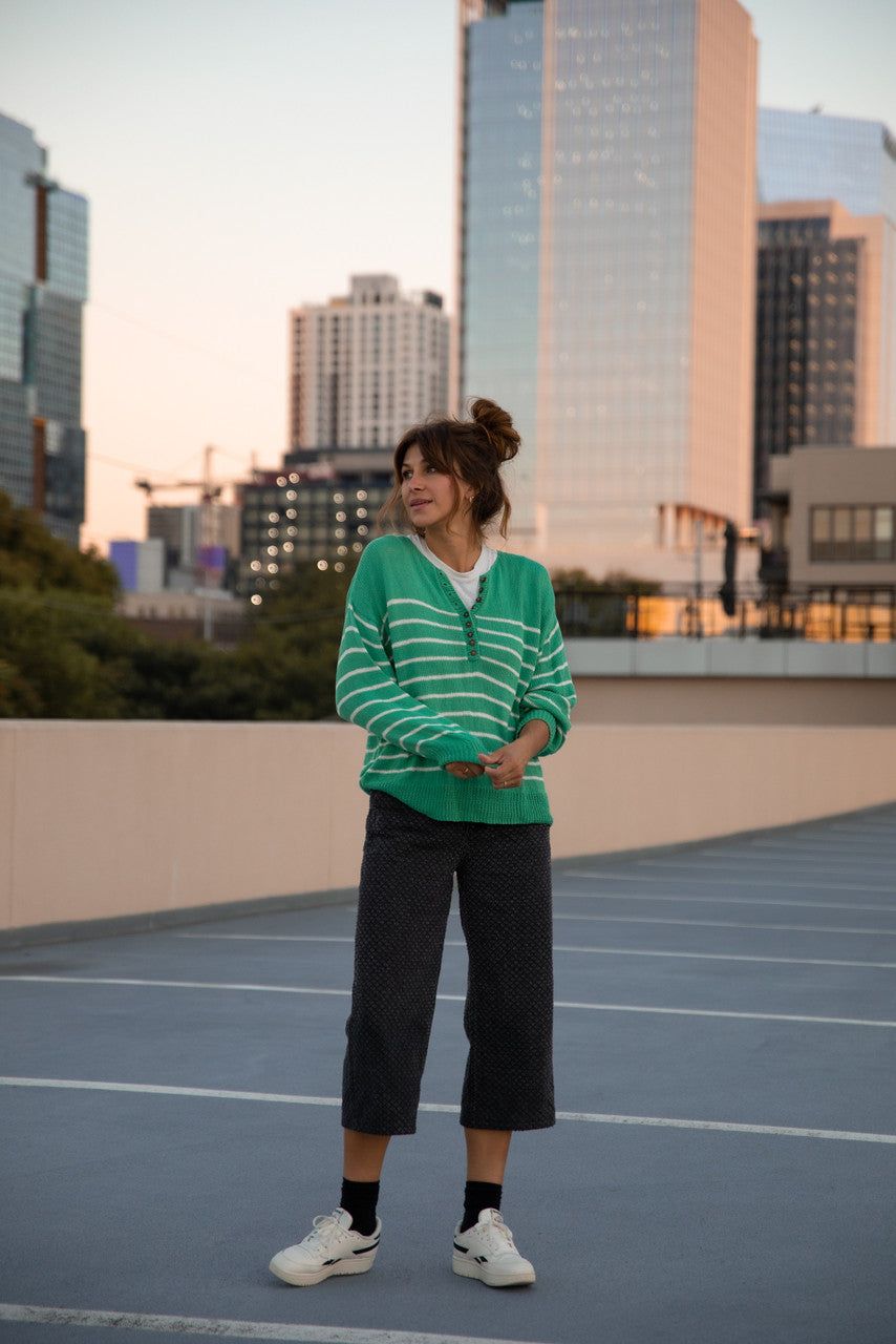 Aiden Classic Breton Style Henley in Green and White Stripe