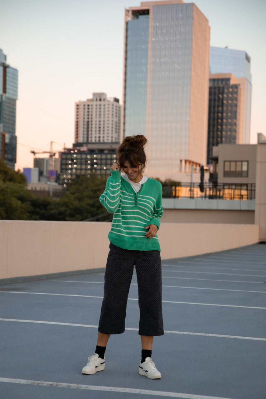 Aiden Classic Breton Style Henley in Green and White Stripe