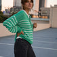 Aiden Classic Breton Style Henley in Green and White Stripe