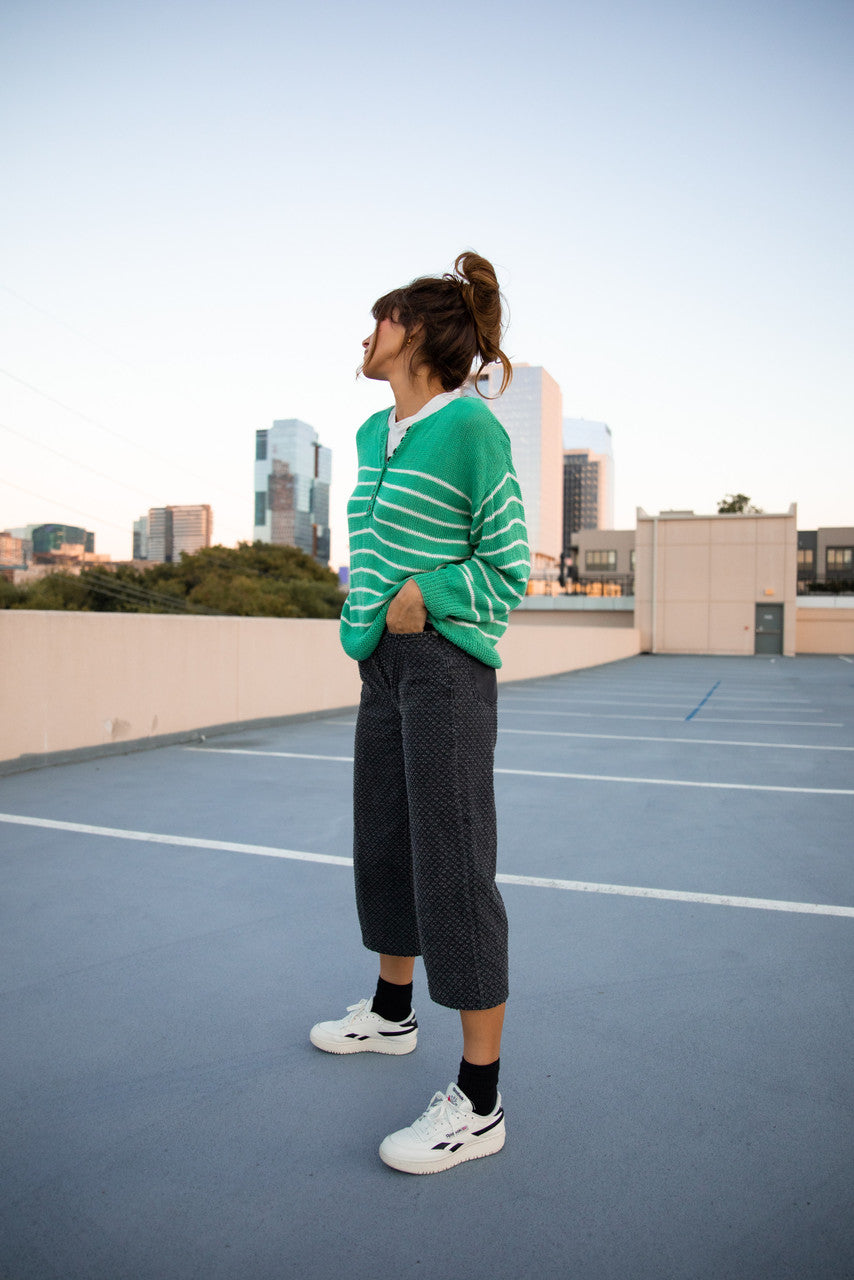 Aiden Classic Breton Style Henley in Green and White Stripe