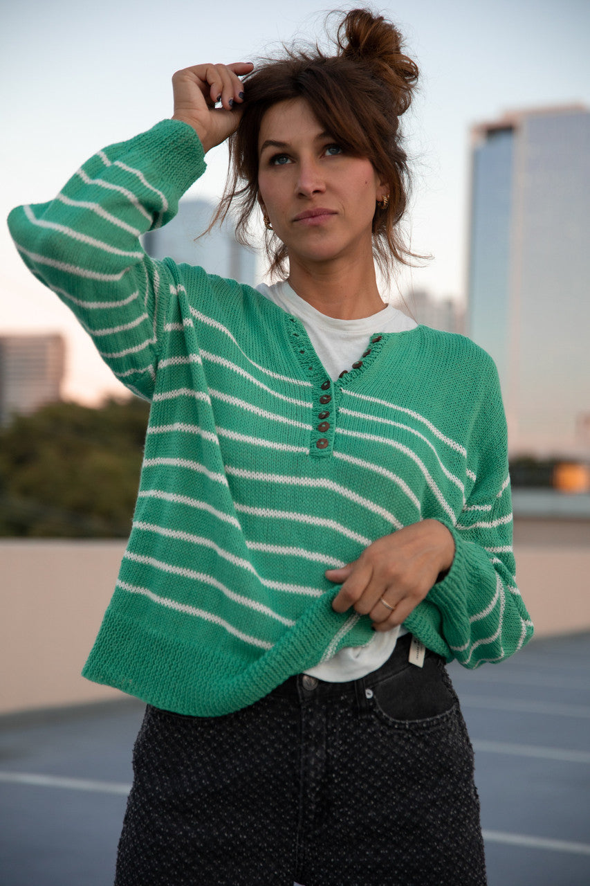 Aiden Classic Breton Style Henley in Green and White Stripe