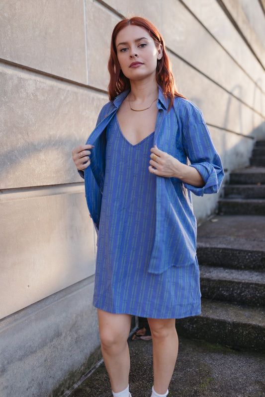 Ruthi Handwoven Cotton Dress in Periwinkle and Kelly Green  - Pre-Order 2/30