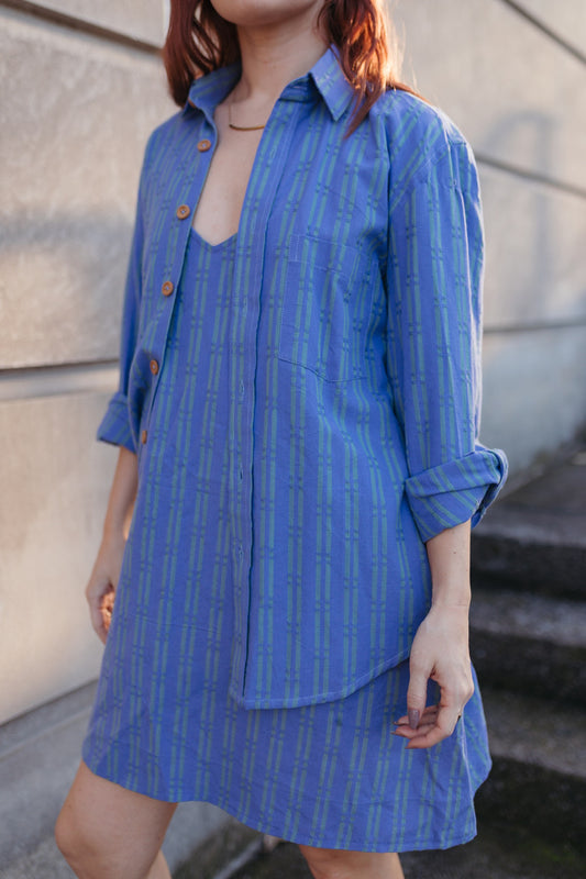 Jo Handwoven Cotton Long Sleeve Button-Up in Periwinkle and Kelly Green  - Pre-Order 2/30