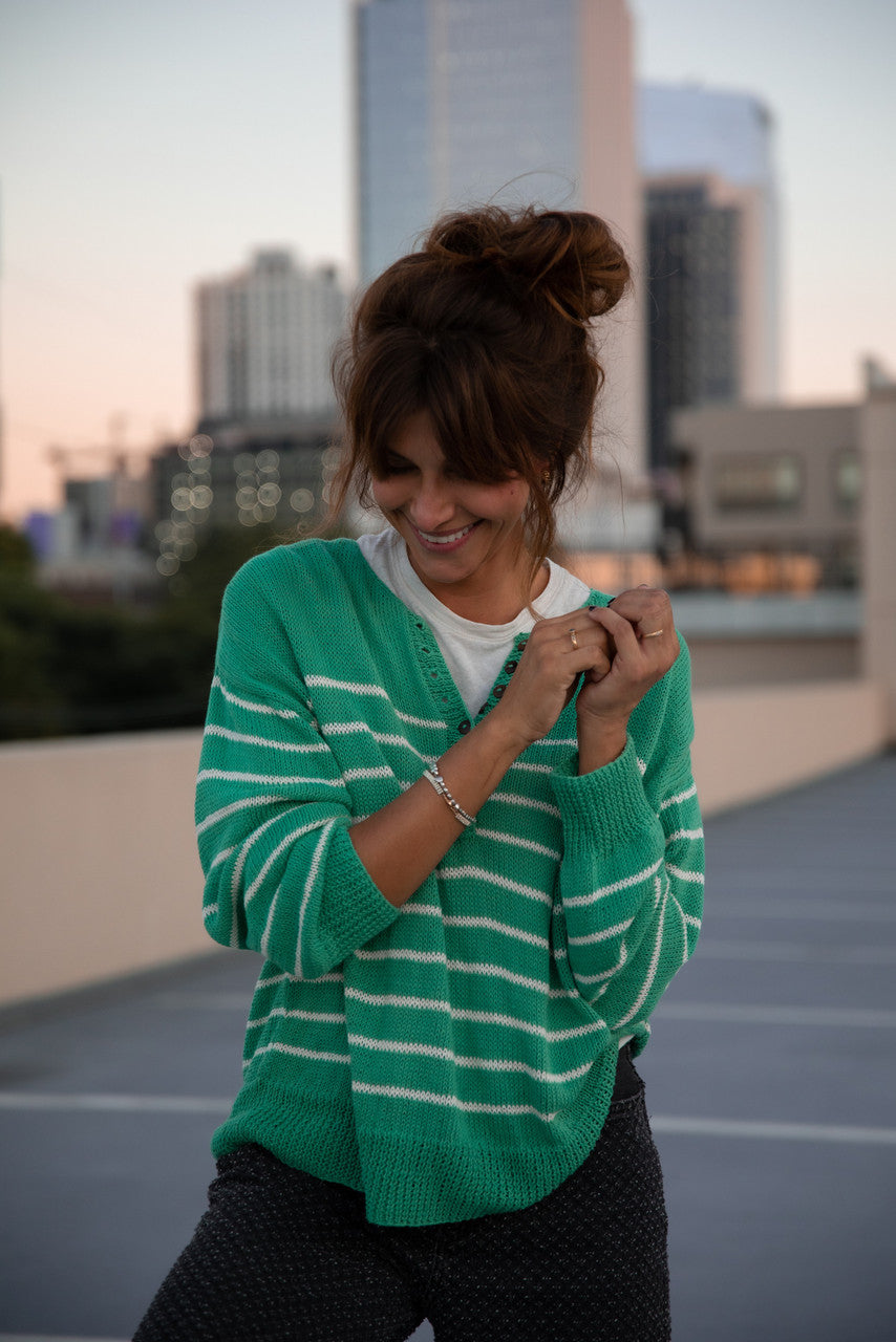 Aiden Classic Breton Style Henley in Green and White Stripe